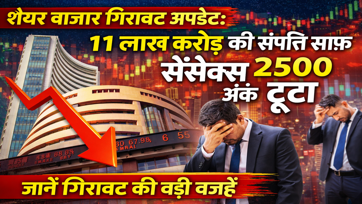 शेयर बाजार गिरावट अपडेट: 11 लाख करोड़ की संपत्ति साफ, सेंसेक्स 2500 अंक टूटा – जानें गिरावट की बड़ी वजहें