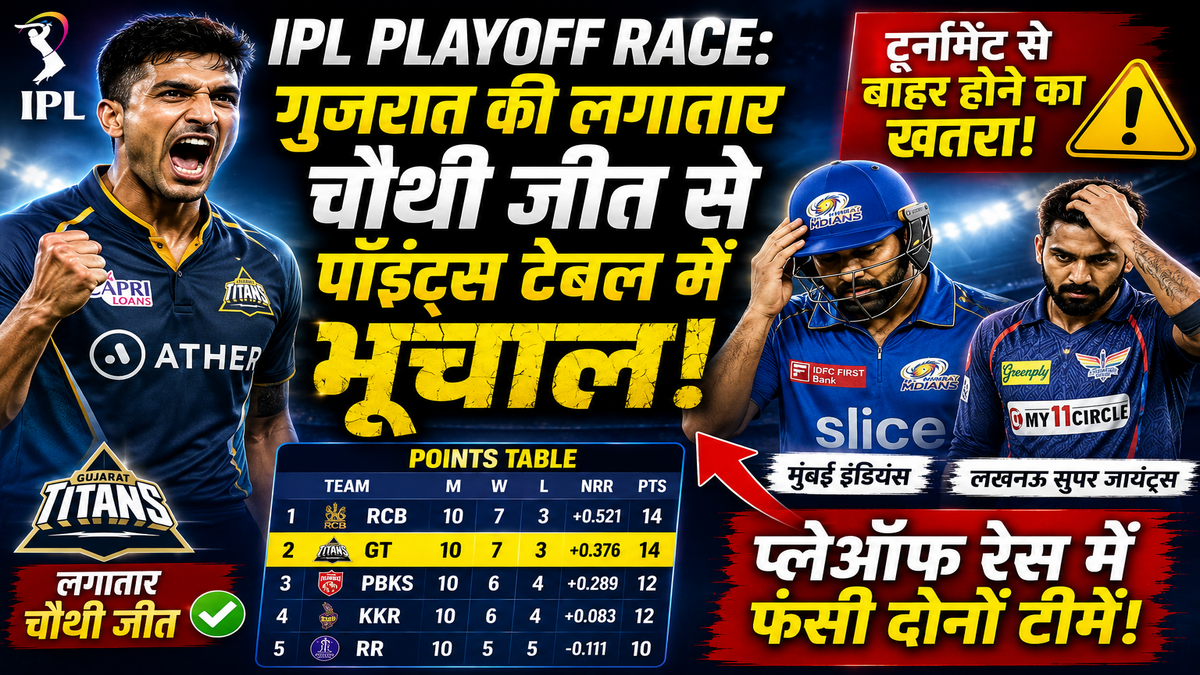IPL Playoff Race: गुजरात की लगातार चौथी जीत से पॉइंट्स टेबल में भूचाल, मुंबई-लखनऊ पर टूर्नामेंट से बाहर होने का खतरा!